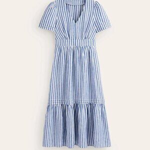 Women's Casual Cotton Linen Ruffle Midi Dress V Neck Elastic Waist A Line Dress